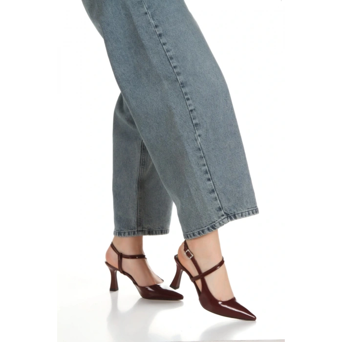 Kadın Bordo Rugan İnce Topuklu Sivri Burunlu Arkası Açık Şık Stiletto