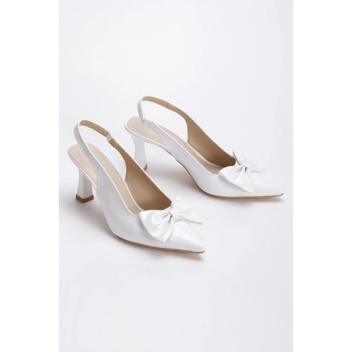 Kadın Sedef Saten Şık Fiyonklu Kısa İnce Topuklu Sivri Burunlu Şık Stiletto Ayakkabı