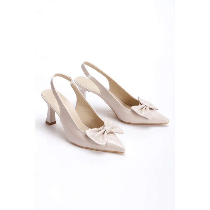 Kadın Ten Rugan Fiyonklu Kısa İnce Topuklu Sivri Burunlu Şık Stiletto Ayakkabı