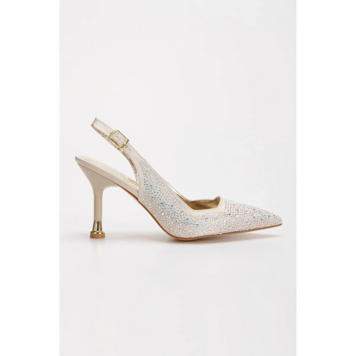 Kadın Altın Saten Damla Taşlarla Bezenmiş 8 cm İnce Galvaniz Topuklu Rahat Stiletto