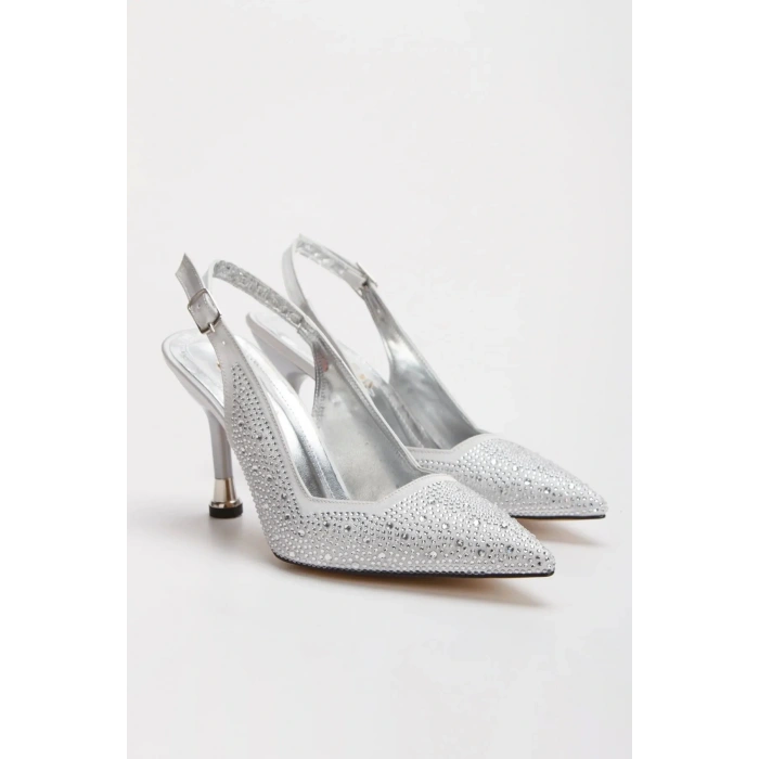 Kadın Gümüş Saten Damla Taşlarla Bezenmiş 8 cm İnce Galvaniz Topuklu Rahat Stiletto