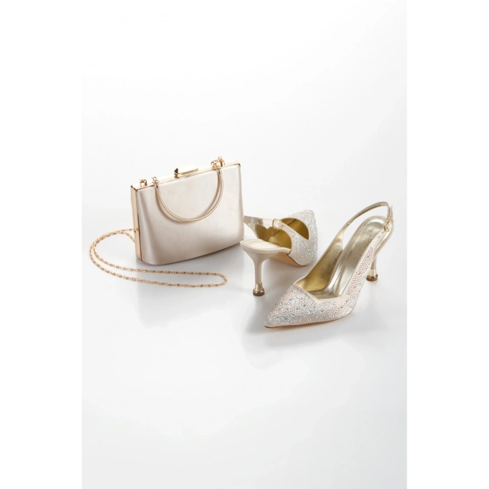 Kadın Altın Damla Taşlarla Bezenmiş 8 cm İnce Galvaniz Topuklu Rahat Stiletto ve Çanta Kombini