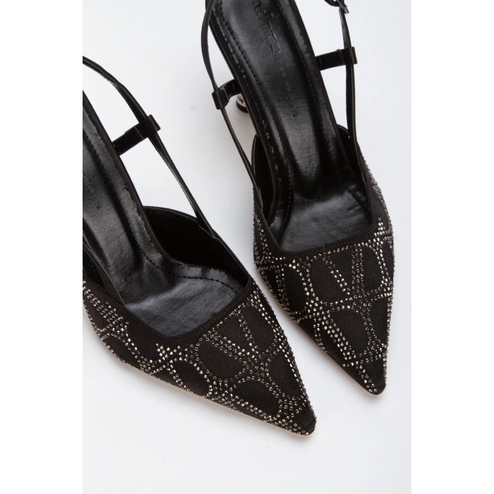 Kadın Siyah Saten Desenli Taşlarla Bezenmiş 8 cm İnce Galvaniz Topuklu Rahat Stiletto