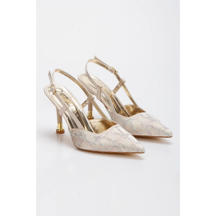 Kadın Altın Saten Desenli Taşlarla Bezenmiş 8 cm İnce Galvaniz Topuklu Rahat Stiletto
