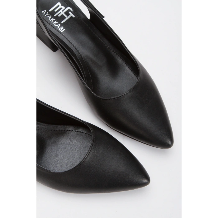 Kadın Siyah Suni Deri Cİlt Arkası Açık Kısa Kalın Topuklu ve Rahat Stiletto