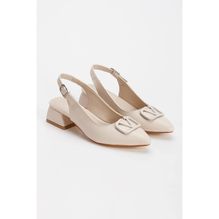 Kadın Bej Arkası Açık Kısa Kalın Topuklu Şık Toka Detaylı Rahat Stiletto ve Çanta Kombini