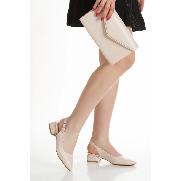 Kadın Bej Arkası Açık Kısa Kalın Topuklu ve Rahat Stiletto ve Çanta Kombini