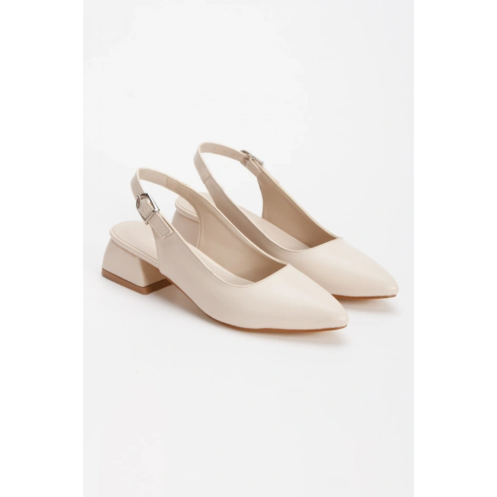 Kadın Bej Arkası Açık Kısa Kalın Topuklu ve Rahat Stiletto ve Çanta Kombini