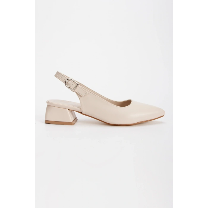 Kadın Bej Suni Deri Cİlt Arkası Açık Kısa Kalın Topuklu ve Rahat Stiletto