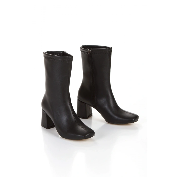 Kadın Siyah Suni Deri Cilt Köşeli Küt Burunlu Kalın Topuklu Rahat Kışlık Bot