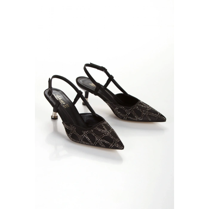 Kadın Siyah Desenli Taşlarla Bezenmiş 5 cm İnce Galvaniz Topuklu Rahat Stiletto ve Çanta Kombini