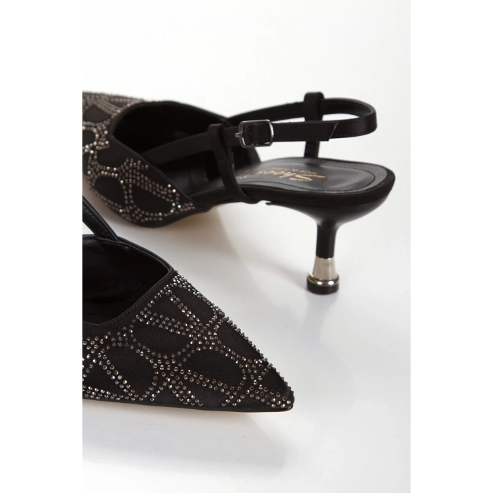 Kadın Siyah Saten Desenli Taşlarla Bezenmiş 5 cm İnce Galvaniz Topuklu Rahat Stiletto