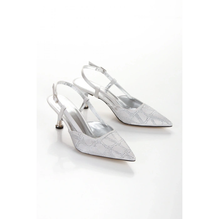 Kadın Gümüş Desenli Taşlarla Bezenmiş 5 cm İnce Galvaniz Topuklu Rahat Stiletto ve Çanta Kombini