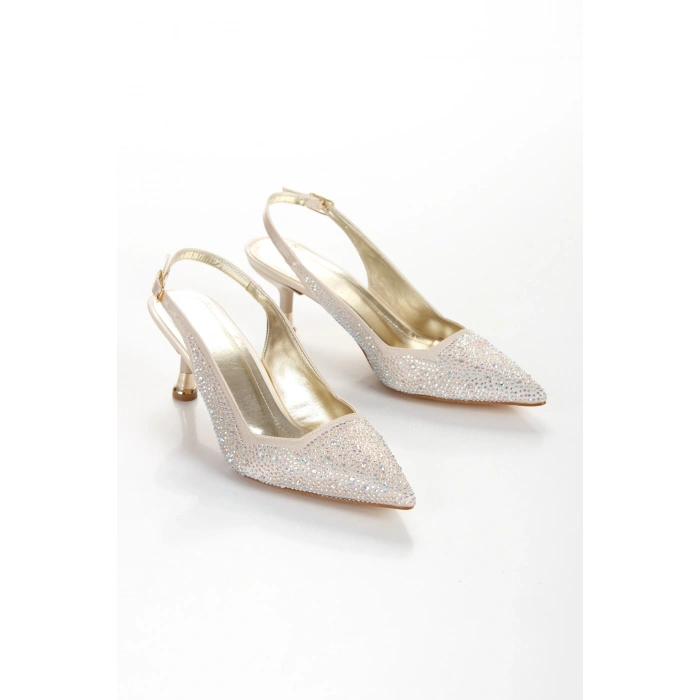 Kadın Altın Saten Damla Taşlarla Bezenmiş 5 cm İnce Galvaniz Topuklu Rahat Stiletto