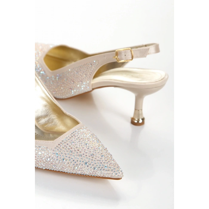 Kadın Altın Saten Damla Taşlarla Bezenmiş 5 cm İnce Galvaniz Topuklu Rahat Stiletto