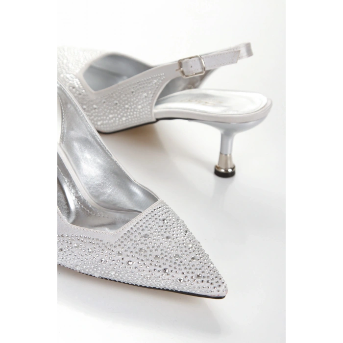 Kadın Gümüş Damla Taşlarla Bezenmiş 5 cm İnce Galvaniz Topuklu Rahat Stiletto ve Çanta Kombini