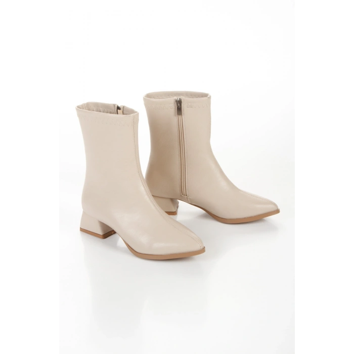 Kadın Bej Suni Deri Cilt Sivri Burunlu Kalın Topuklu Rahat Kışlık Bot