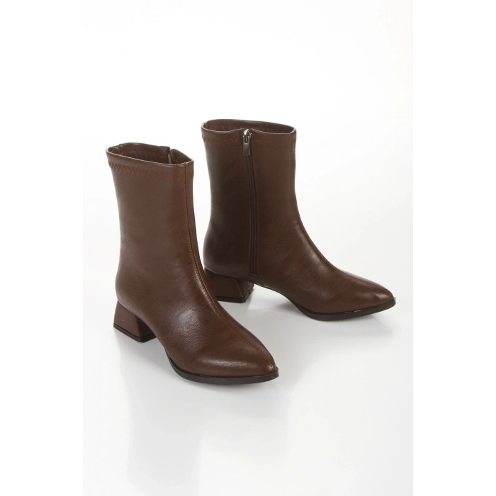 Kadın Kahve Suni Deri Cilt Sivri Burunlu Kalın Topuklu Rahat Kışlık Bot