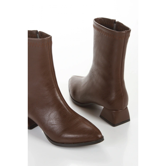 Kadın Kahve Suni Deri Cilt Sivri Burunlu Kalın Topuklu Rahat Kışlık Bot