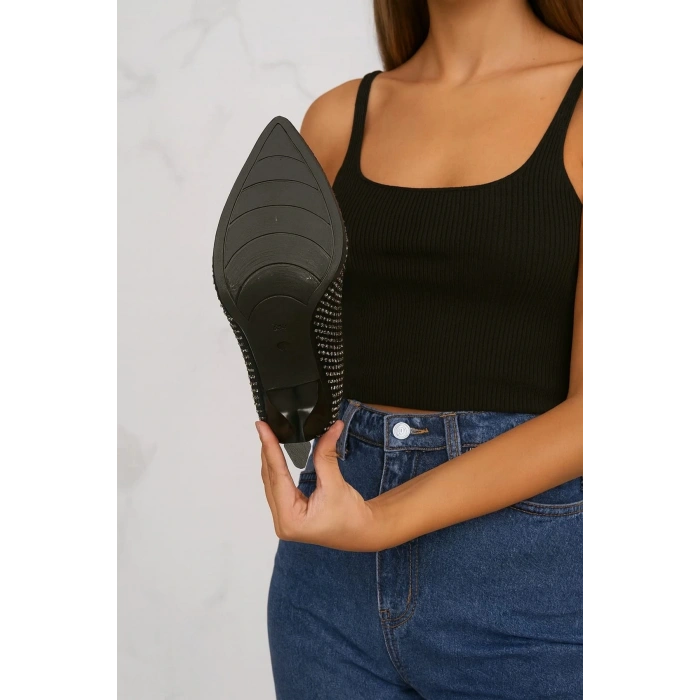 Kadın Siyah Şık Gümüş Damla Taşlı İnce Topuklu Rahat Bot