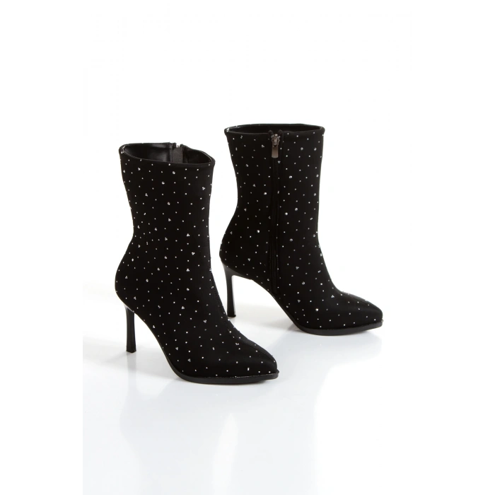 Kadın Siyah Şık Gümüş Parlak Taşlı İnce Topuklu Rahat Bot