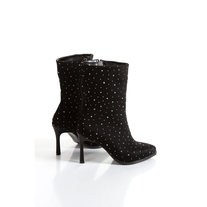 Kadın Siyah Şık Gümüş Parlak Taşlı İnce Topuklu Rahat Bot