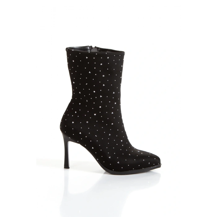 Kadın Siyah Şık Gümüş Parlak Taşlı İnce Topuklu Rahat Bot