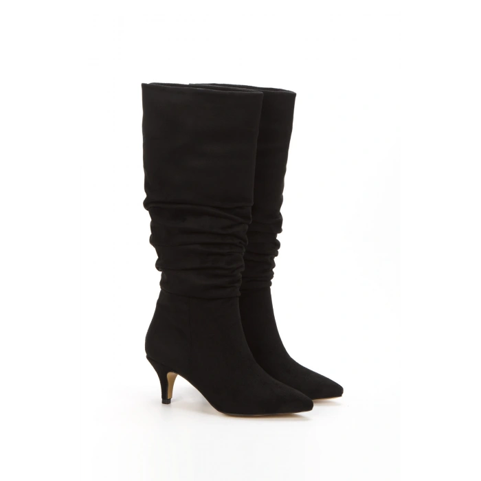 Kadın Siyah Süet Sivri Burunlu İnce Topuklu Rahat Körüklü Çizme