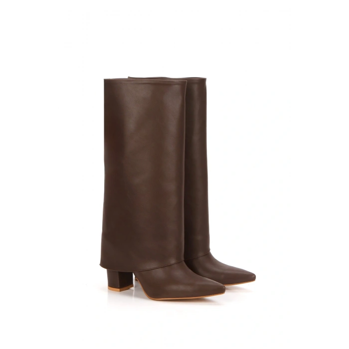 Kadın Kahve Suni Deri Cilt Yeni Tarz Silindir Paça Sivri Burunlu Kalın Topuklu Rahat ve Şık Çizme