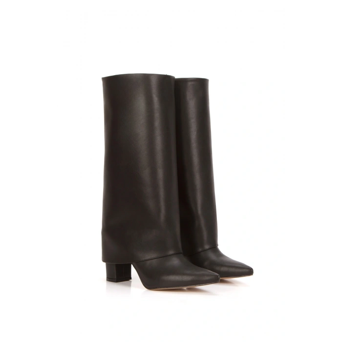 Kadın Siyah Suni Deri Cilt Yeni Tarz Silindir Paça Sivri Burunlu Kalın Topuklu Rahat ve Şık Çizme