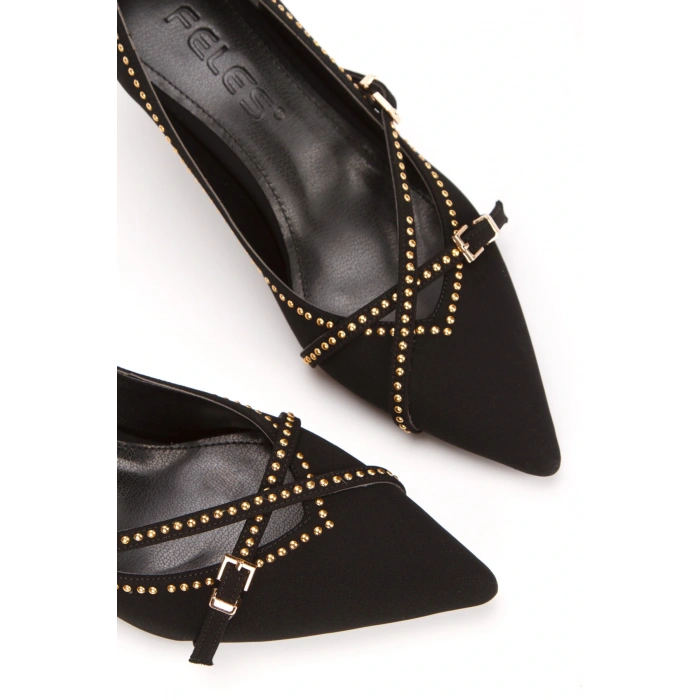 Kadın Siyah Süet 6 cm İnce Galvaniz Topuklu Şık Trok Detaylı Rahat Stiletto