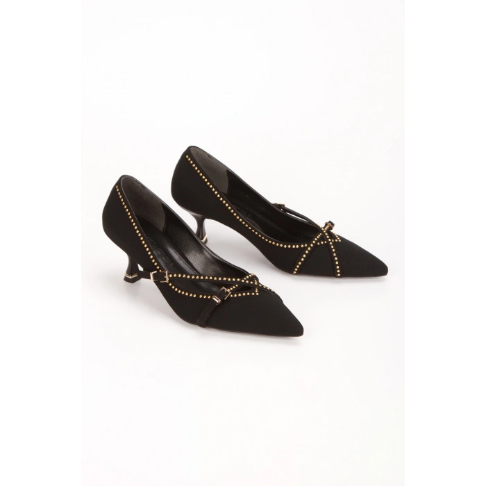 Kadın Siyah Süet 6 cm İnce Galvaniz Topuklu Şık Trok Detaylı Rahat Stiletto