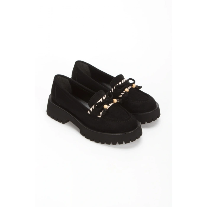 Kadın Siyah Süet Şık Fiyonk Detaylı Rahat Loafer Ayakkabı
