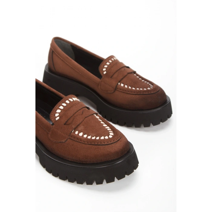 Kadın Kahve Süet Kalın Tabanlı Rahat Loafer Ayakkabı