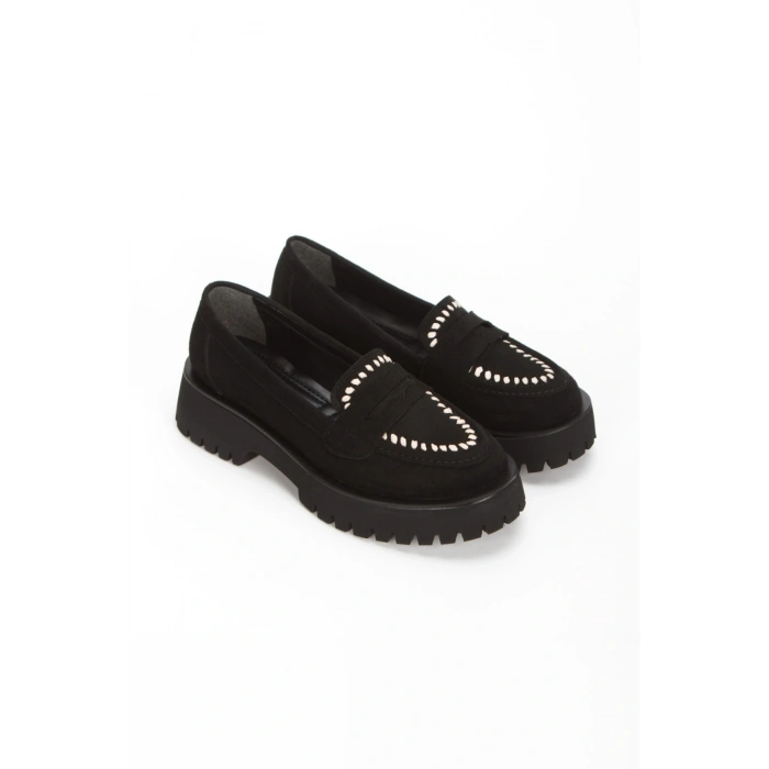 Kadın Siyah Süet Kalın Tabanlı Rahat Loafer Ayakkabı