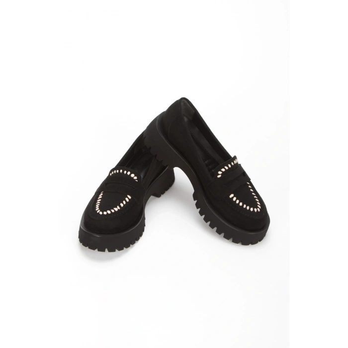 Kadın Siyah Süet Kalın Tabanlı Rahat Loafer Ayakkabı
