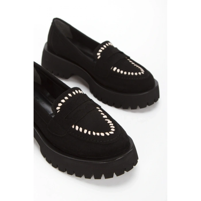 Kadın Siyah Süet Kalın Tabanlı Rahat Loafer Ayakkabı