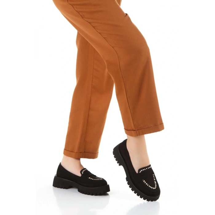 Kadın Siyah Süet Kalın Tabanlı Rahat Loafer Ayakkabı