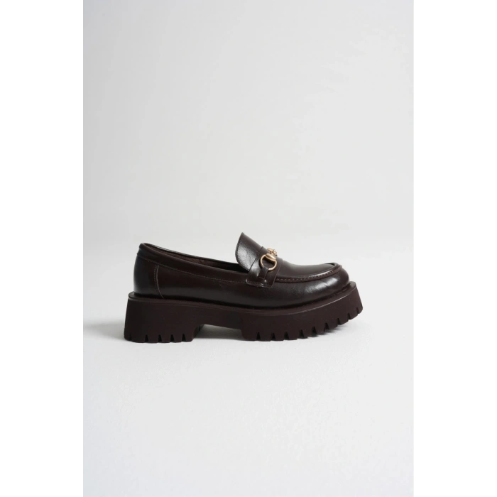 Kadın Kahve Suni Deri Cilt Şık Toka Detaylı Kalın Tabanlı Rahat Loafer Ayakkabı