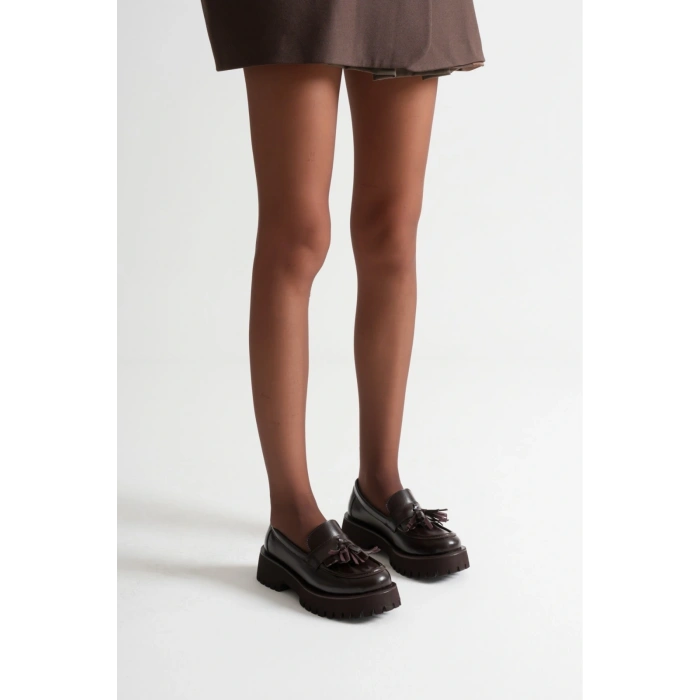 Kadın Kahve Suni Deri Cilt Şık Püskül Detaylı Kalın Tabanlı Rahat Loafer Ayakkabı