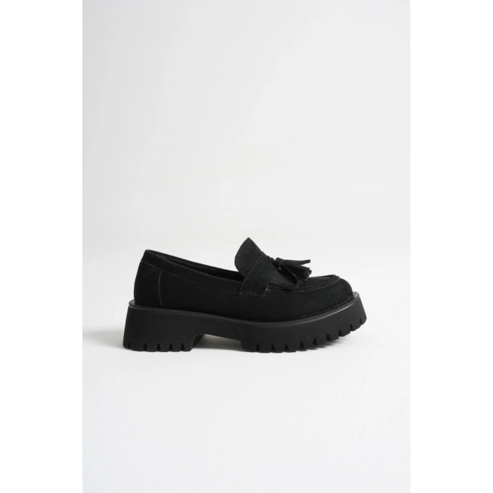 Kadın Siyah Süet Şık Püskül Detaylı Kalın Tabanlı Rahat Loafer Ayakkabı