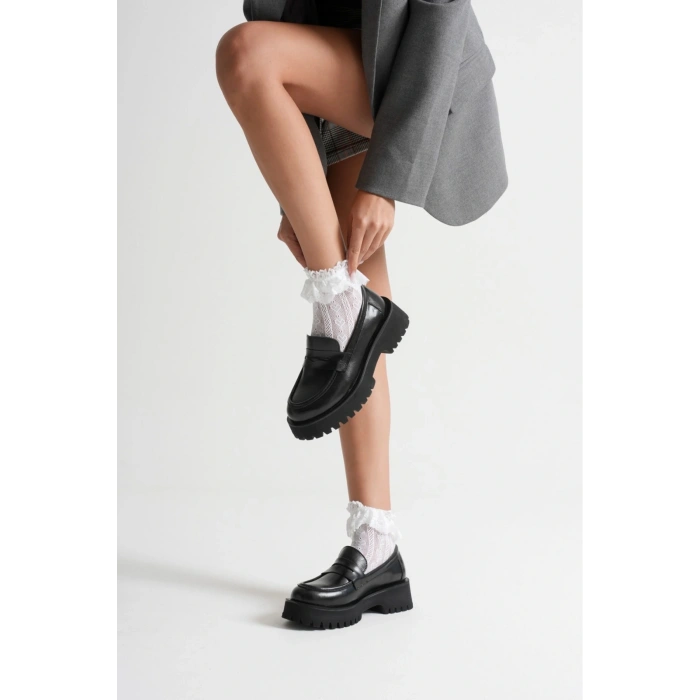 Kadın Siyah Suni Deri Cilt Kalın Tabanlı Rahat Loafer Ayakkabı