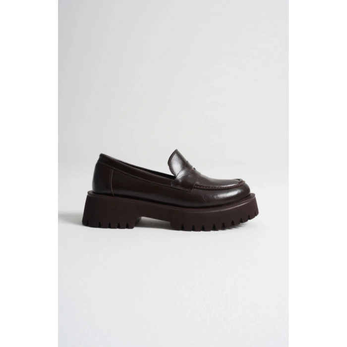 Kadın Kahverengi Suni Deri Cilt Kalın Tabanlı Rahat Loafer Ayakkabı