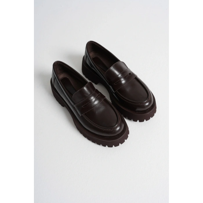 Kadın Kahverengi Suni Deri Cilt Kalın Tabanlı Rahat Loafer Ayakkabı