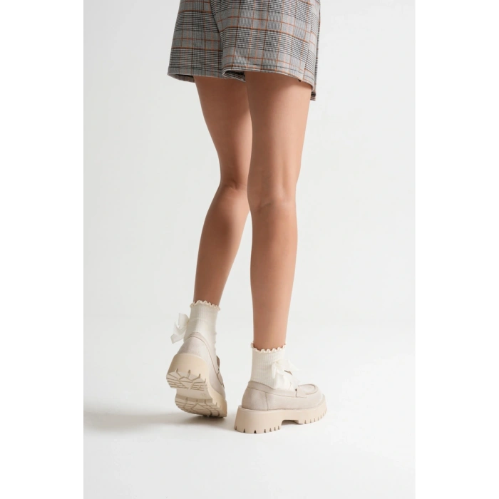 Kadın Bej Süet Kalın Tabanlı Rahat Loafer Ayakkabı