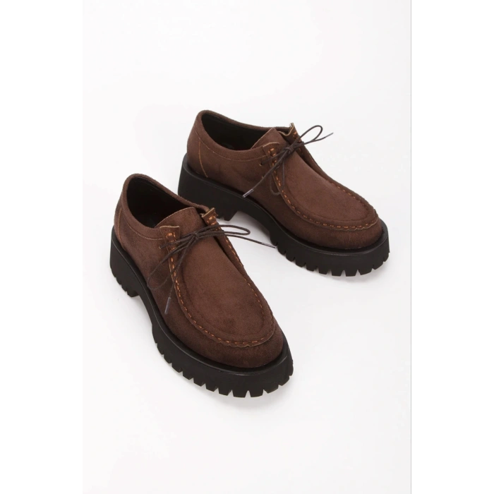 Kadın Kahverengi Süet Bağcık Detaylı Kalın Tabanlı Rahat Loafer Ayakkabı