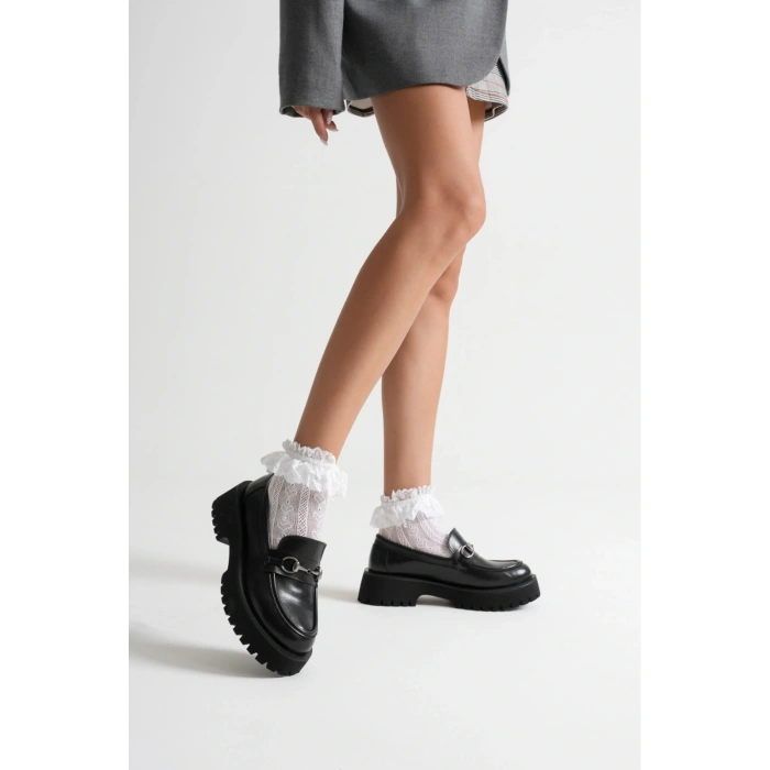 Kadın Siyah Suni Deri Cilt Şık Toka Detaylı Kalın Tabanlı Rahat Loafer Ayakkabı