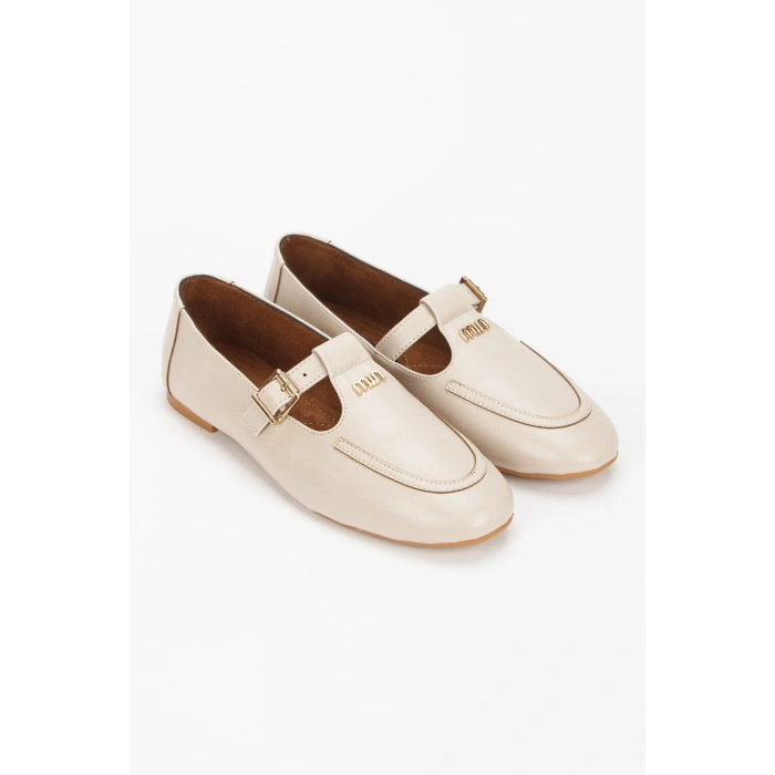 Kadın Bej Suni Deri Düz Topuklu Şık Toka Detaylı Rahat Babet Ayakkabı