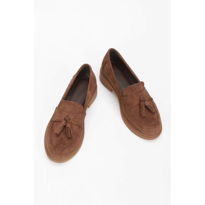 Kadın Kahve Süet Şık Püskül Detaylı Kalın Tabanlı Rahat Loafer Ayakkabı