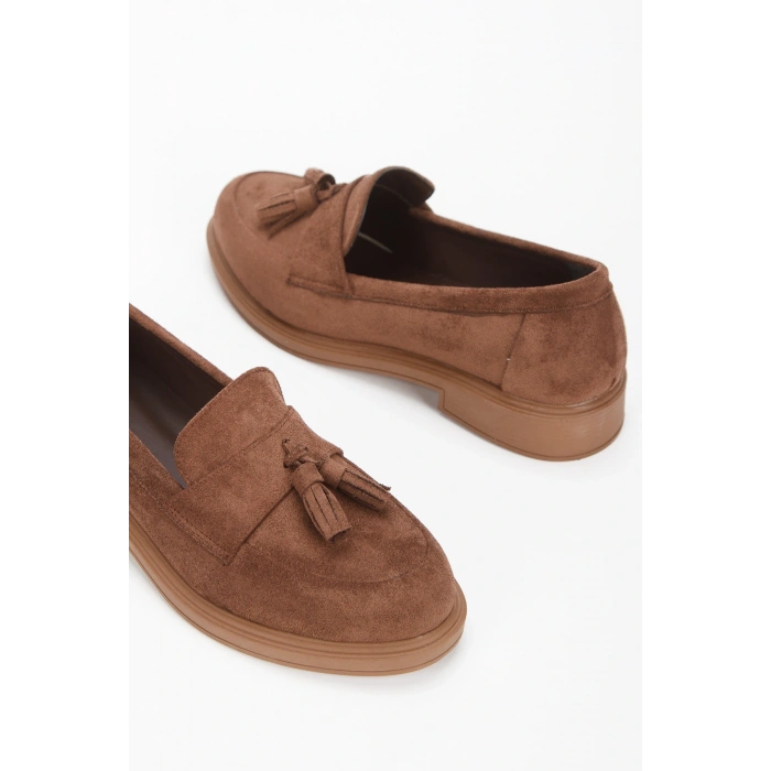 Kadın Kahve Süet Şık Püskül Detaylı Kalın Tabanlı Rahat Loafer Ayakkabı